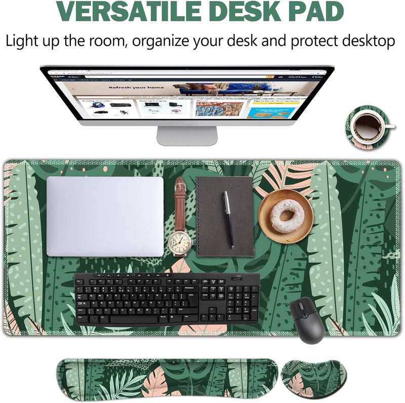 AIMSA Large Gaming Mouse Pad Set, Keyboard Wrist Rest Support Mouse Pad, Ergonomic Memory Foam Multifunctional Extended Desk Mat 35x15.7in Anti-Slip Rubber Base for Office Home, Pink Green Leaves - Image 3